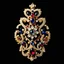 Placeholder: A bold and luxurious handmade brooch in the shape of a royal order, detailed embroidery with shimmering sequins, crystals, and beads, bold contrasting colors like deep sapphire, gold, and ruby, perfectly highlighting its intricate craftsmanship, dramatic lighting enhances the sparkle and intricate textures, displayed against a dark velvet backdrop, an artful composition showcasing its elegance -