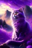 Placeholder: majestic cheerful cat, happy, violet tones, fantasy landscape