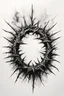 Placeholder: A realistic drawing in negative space black ink on white background of a crown of thorns inside a sun with very defined and correct details and brushstrokes smoke around it