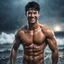 Placeholder: Hyper realistic very handsome shirtless muscular short black hair man smiling & standing with his wet body between the sea at rainy night with wave splashes