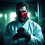Placeholder: The surgeon's eyes gleamed with a sinister intensity as he stared directly at the camera, his middle finger pressed against his lips in a gesture of silence. The dim light in the operating room flickered ominously, casting eerie shadows across his scarred face and blood-stained gloves.