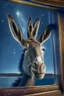 Placeholder: smiley donkey portrait with background star field seen in the window of a boat, 4 k, trending art, depth of field, high detail, high contrast