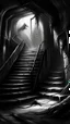 Placeholder: A stair from underground to a room with hooded creature standing at the top in the darkness reigns supreme, swallowing light and casting an eerie gloom. Jagged rocks jut ominously, shadows dancing with unseen creatures. Sinister shapes glide, eyes gleaming in the murky depths. Distant rumblings and creaking sounds fill the water, sending shivers. In this desolate underworld, fear of the unknown pervades every corner, where the slightest movement evokes terror. It's a realm where nightmares