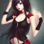 Placeholder: A lovely woman, An anime girl, black long hair, red eyes, red horns, black crop top, black shorts