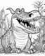 Placeholder: create a 2d black outline, "safari smiling cartoon crocodile coloring book for kids", coloring page, low details design, black contour, coloring page design, simple background, colorful , card style, coloring page for kids, white background, sketch style, safari landscape, cartoon style