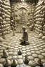 Placeholder: small man inside huge sea shells and on the floor is a huge chess board in the style of hiroku ogai