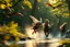 Placeholder: volumetric light, oil painting ,evening and motion blur running caped long haired pixie Quickling - Forgotten Realms dodging flying bats above water and along winding branches in lush green forest along speeding horses , bokeh like f/0.8, tilt-shift lens 8k, high detail, smooth render, down-light, unreal engine, prize winning