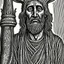 Placeholder: line toned, hedcut, wsj style, statue of cruicified Jesus of Liberty with a beard and wearing a cross and hanging from a cross, The statue male, hyperdetailed intricately detailed photoillustration ink drawing dystopian 8k resolution entire body of the statue is in the picture. digital illustration telephoto lens photography , same colors as the us treasury's one dollar bill, crucified"