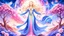 Placeholder: Create an image of a full body cosmic goddess. the goddess should be depicted as a beautiful and powerful figure, surrounded by cosmic stars. her hair should be long, blond and flowing, and she should be dressed in a flowing gown blue celestial robe. in the background, include imagery of pink flowers, blue sky, trees. the image should evoke a sense of joy, celebration, and spiritual connection to nature.