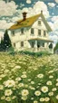 Placeholder: A house made out of white fathers designed in a field of white wild flowers paintings painted by Paul Ranson , Busch painting style