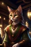 Placeholder: portrait of a Tabaxi female bard in D&D style, calico fur, long auburn hair cascading over shoulders, green eyes gazing seductively, feline facial features, stance conveying allure, intricate costume design, fantasy tavern background, patrons and wood-beamed ceilings slightly out of focus, candlelight casting a warm glow, ultra realistic, highly detailed, dramatic lighting, facing front