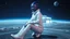 Placeholder: "Artistic photography (((FULL BODY from HEAD to FEET +profile))), enormous almond shape lighted crystal clear eyes, she is dressed in a white shiny jumpsuit she is a gorgeous smiling extra terrestrial woman with indigo purple blue skin with a high elongated skull like Nefertiti, 40 y/o asian, she wears white snow boots, and she is outside on the flying saucers large landing deck of the space station in cosmos.