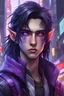Placeholder: Dessine un jeune garçon elfe androgyne avec de longs cheveux noirs et des mèches violettes, un oeil droit rouge et un oeil gauche violet, le tout dans un décor de ville cyberpunk