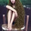 Placeholder: sad girl sitting on a chair under the rain, long hair, beautiful, high details, dragon tatoo on the leg, short dress, curly hair, green eyes, realistic, 4k