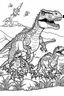 Placeholder: A coloring page, white backgroundDepict a family of T-Rexes, including both parents and their offspring, roaming together through their prehistoric landscape, perhaps with some playful interactions between the young ones. ink drawing clipart, simple line illustrations, colored