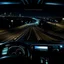 Placeholder: night time, a car dashboard lighting up, a dark road in the windscreen, with a beautiful city in the distance, photo quality