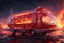 Placeholder: Futuristic crystal Clear glass food truck shaped like a firetruck, spacecraft "5 Alarm Chili" food hovercraft theme, surreal fantastical otherworldly vehicle with the side open with an ordering window and food bar, elaborate, vibrant, fantastical hyperrealistic, maximalist, insanely detailed, concept art, nighttime, "5 ALARM CHILI" logo, by Beeple and Vincent di Fate