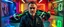 Placeholder: portrait of ravnos agent in front of a sleek lamborghini car in underground neon garage, the car is painted like a badger, the picture is framed with metallic frame with decals, the car also has some insane decals