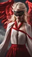 Placeholder: A blonde girl is blindfolded with a red cloth, two white wings behind her. Cinematic image