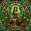 Placeholder: Stained Glass Art Nouveau art style A beautiful as a model asian woodland elf princess who looks like a young Lucy Liu seated on a throne surrounded by poppies and marijuana leaves in a mystical forest, photo-realistic