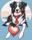 Placeholder: Vibrant, fun t-shirt design of a stylish Australian Shepherd dog with cool sunglasses and relaxed demeanor. The coat is a gradient mix of blue, red and white. The background is a fun red heart-shaped silhouette. The overall design is visually striking and would turn heads on a (((black t-shirt)))