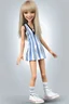 Placeholder: realistic stock photo, Realism engine, General Fast V2 (Flux), Create a realistic image of a female with long, straight blonde hair, the bangs cut straight across the forehead, hazel eyes, wearing a sleeveless, strapless, blue and white-striped nylon extremely short mini dress with a plunging neckline, knee high white socks and black converse tennis shoes, happy facial expression