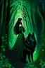 Placeholder: In the heart of a dense and enigmatic forest with towering ancient trees cloaked in emerald foliage stood a bewitching sorceress possessing an ethereal allure her lustrous hair cascading in ebony waves down to her slender waist that turns into roots In the background a faithful companion a majestic canine of Belgian shepherd lineage roamed at her side its eyes illuminated by an otherworldly crimson glow exuding an aura both mysterious and demonic