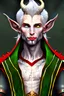 Placeholder: tiefling, male, white hair, green eyes, crimson cloak, warlock.