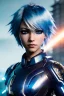 Placeholder: Cyborg anime warrior, light blue hair, short and messy hairstyle, blue eyes, waist up portrait, 8k resolution, intricate details, ornate details, soft lighting, vibrant colors, retroanime, masterpiece, intricate eyeliner, dark eyeshadow, eyes, intricate tattoos, futuristic cityscape background