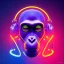 Placeholder: A beautiful portrait of a cyborg monkey purple neon color scheme, high key lighting, volumetric light high details psychedelic background