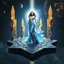 Placeholder: A breathtaking cosmic fantasy scene featuring a stunningly realistic beautiful woman with a perfect face and sculpted figure standing gracefully at the center of a floating geometric platform in deep space. She wears an elegant flowing gown in vibrant silver and blue hues that billow around her perfect form. The platform is constructed from dark cobblestone-like blocks arranged in a star shape. Surrounding her are magnificent crystalline towers and pillars in gold, amber, and electric b