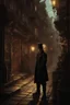 Placeholder: man in dark clothing, hiding around a corner., looking out on a brightly lit steampunk street