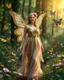 Placeholder: Beautiful Lady Fairy smiling walk in forest with flowers and many colourful butterflies and fireflys, photography art