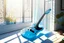 Placeholder: A lovely clear transparent resin guitar with forget-me-not design in a modern room in sunshine