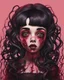 Placeholder: full color, illustration of a darkred and pink tones, menacing, Singer Melanie Martinez face, as a decayed, broken, skin turned translucent, black veins that extended like roots beneath her skin, latex suit, crude homemade cloth doll toy, with a narrow cracked porcelain face, thick dark eyebrows, hair in two gradually, made from ragged strips of cloth, in the style of Alex Pardee, Tim Burton, and Nadya Sheremet