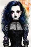 Placeholder: Create and fine print ink wash and watercolor portrait illustration of a Goth Girl ball jointed porcelain doll, with finely lined and detailed facial features in a ragged gothic dress, fishnet stockings ,battered combat boots, , in the graphic novel style of Bill Sienkiewicz, and Jean Giraud Moebius, precisely drawn, colored and inked