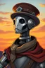 Placeholder: A portrait of a silver metallic robotic bard character from Dungeons and Dragons. He has a fancy hat, and an extravagant cape around his neck. He appears to be daydreaming. Sunset sky background. 2D drawing warforged autognome flat cute drawing fantasy steampunk realistic