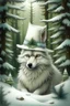 Placeholder: photorealistic; Cute fantasy white Christmas wolf wearing a stocking hat; big pine trees all around; in the style of Tony Diteerlizzi