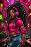 Placeholder: Create a digital airbrush cartoon of a curvy African American female wearing a hot pink jean outfit with timberland boots. Prominent make up with hazel eyes. She is wearing large diamond hoop earrings. Extremely highly detailed very long dread locs hair that shines. Background of a night club.