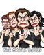 Placeholder: Poster of a hand-drawn caricature of a group of very ugly adult women, posing in a mafia style, and speaking with microphones in the shape of guns. The facial features of each woman are extremely exaggerated, some are big-eared, big-nosed, with a firm mouth, which makes them look silly, evil and stupid. Superimposed there is the following phrase: "LAS MUÑECAS DE LA MAFIA"
