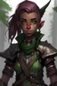 Placeholder: Young wood elf, rogue, brown skin, bright green eyes, mauve hair, black leather armor, mischievous