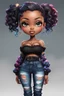 Placeholder: create a colorful abstract digital art image 8k of a chibi curvy black female wearing torn jeans pants and a black-tie dye off the shoulder blouse. Prominent make up with hazel eyes. Highly detailed long wavy sleek ponytail