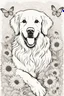 Placeholder: Playful Golden Retriever in a lively field of sunflowers, butterflies, mature coloring artwork, contour, vector, clean line art, white background, detailed, black and white, in the style of Mandala design