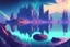 Placeholder: distant cyberpunk city, rocks in the lake, galaxy, epic