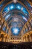 Placeholder: Subject & Action: A hyper-detailed, hallucinatory wide-angle scene inside St. Peter’s Basilica in Vatican City, transformed by a massive, pulsing luminescence show. A diverse, dazed multitude of visitors is gathered below, their faces tilted upward, illuminated by a psychedelic vortex of beams that refract through the central baldacchino and dome. Environment & Setting: The interior of the basilica is consumed by swirling patterns of light—fractal geometry, mandalas, and kaleidoscopic projectio