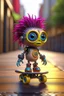 Placeholder: cute adorable hypnotic chat hippie robot with skateboard and punk hair and real human eyes, its such a perfect day, motion blur, smoke, 8k, downlight, soft light, depth of field, photorealism, trending on art station, lotsa detail