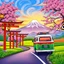 Placeholder: Create a book cover for "Cozy Japan Coloring Book" featuring a vibrant road trip scene through the Japanese countryside. A colorful retro van drives along a winding road lined with vivid red torii gates, glowing paper lanterns, and bright pink cherry blossoms in full bloom. Towering in the distance is Mount Fuji, its snowy peak glowing under a radiant blue sky with swirling clouds. Lush green rice paddies and orange sunset hues bathe the landscape in warmth. The van is bursting with charm—decora