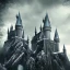 Placeholder: one children lost in the front castle hogwarts, fog, particle, rain