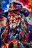 Placeholder: captivating conceptual painting of the iconic rock star, Willie Nelson, rendered in a vibrant and abstract art style. The background is a swirling, chaotic mix of artistic strokes that evoke a sense of rebellion and energy. The overall composition is a celebration of creativity, movement, and the essence of rock 'n' roll., vibrant, painting, conceptual art