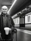 Placeholder: a protrait of a begger sitting inside a subway station in NYC. He is 80 years old, caucasion, thin with balding hair. In one hand he is holding a plastic cup and the other hand is stretched out to beg. Black and white photograph hyperrealistic photorealistic photography